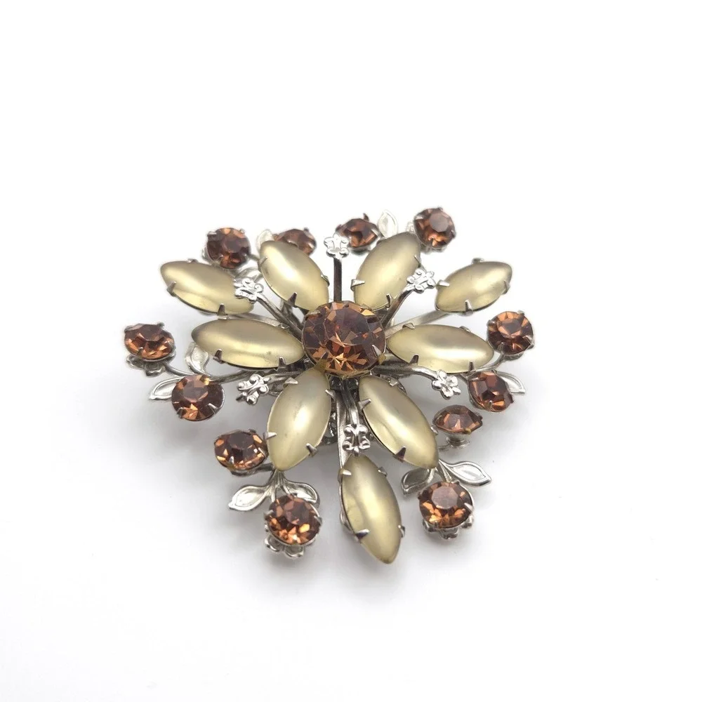 Vintage Floral Sunburst‎ Brooch Champagne Moonstone Amber Rhinestone Silver Tone
